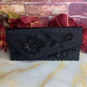 Vintage MCM Jay Dee Black Satin Beaded Floral Hard Clutch